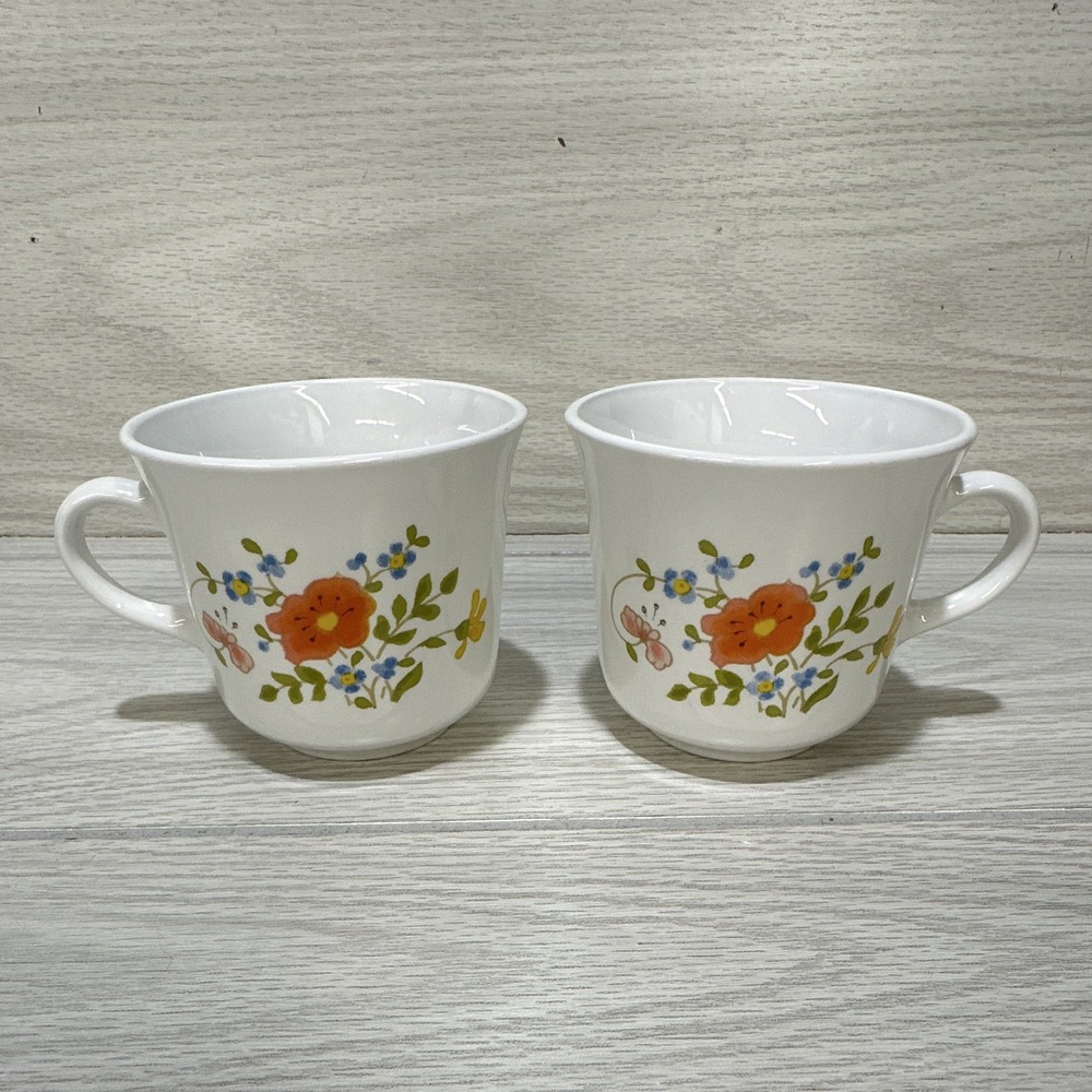 Corelle Floral Pattern White Coffee Mugs Cups (Set of 2) w/ Handles Vintage